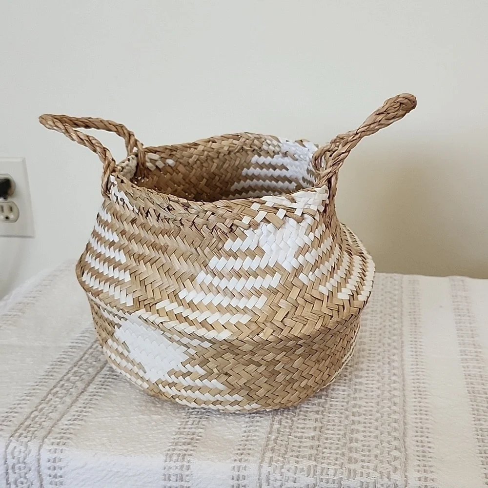 Handmade vintage double handled basket, snake charmer, neutral, farmhouse, boho